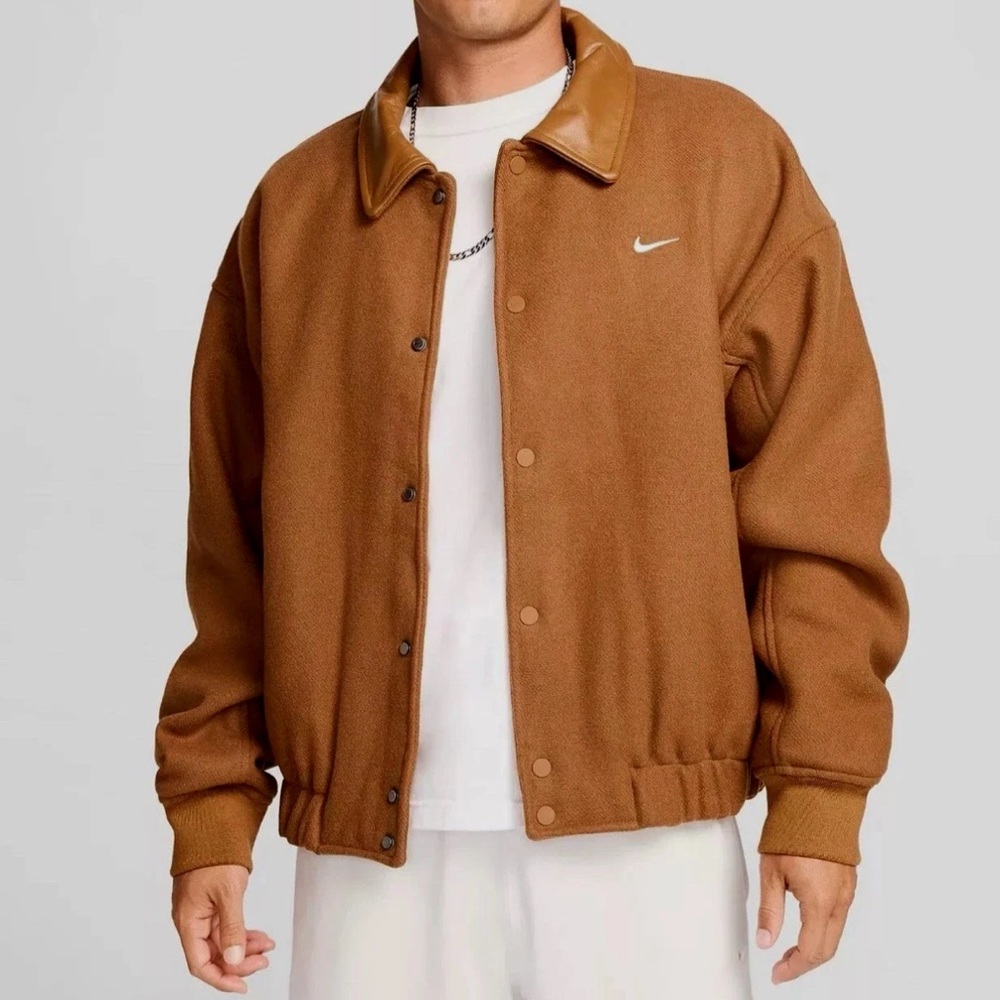 Nike Air Varsity Jacket Wool Leather Tan Brown Mens Size Large L $250 FZ1168